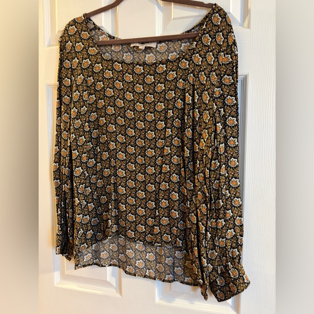 LOFT Asymmetrical Skirt with Floral Black and Orange Pattern